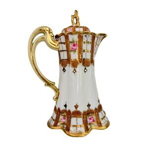 NIPON Porcelain Hand-Painted Chocolate Pot Pink Rose Gold Raised Beaded Gilt VTG